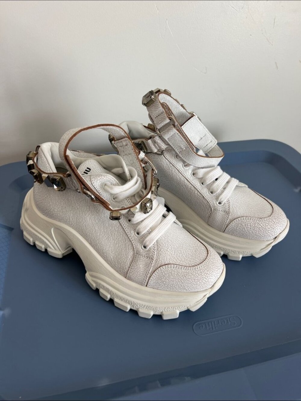 Miu Miu White Crackled Leather Platform Sneakers Made in Italy EU 37.5 / US 7.5